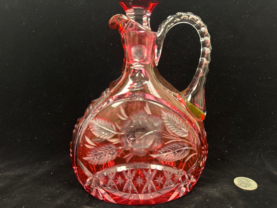 Vintage Ruby Red Cut Crystal Decanter With Stopper 10.5'H [Photo 3]