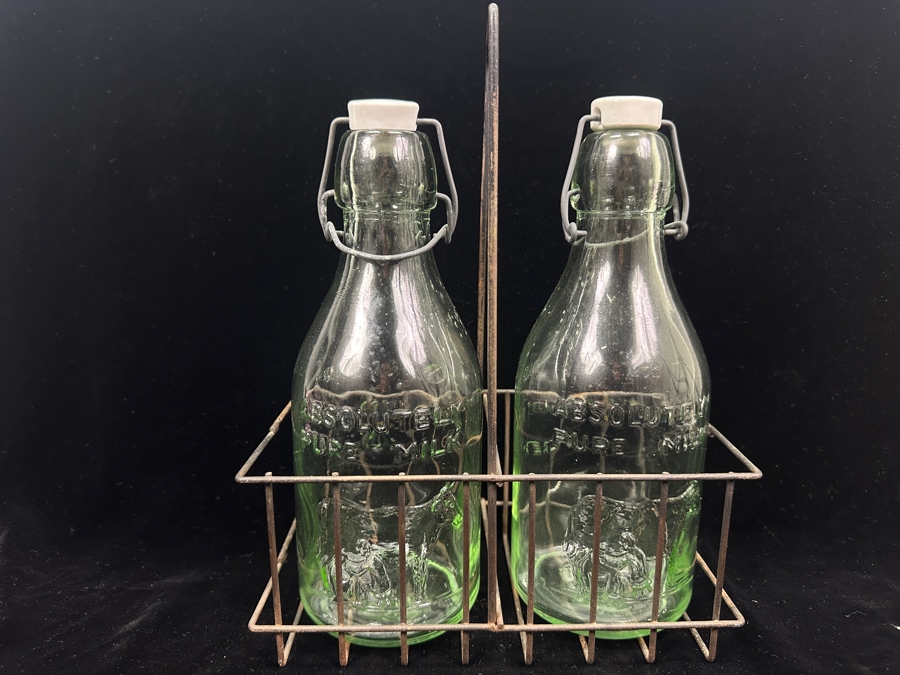 Pair Of Mid-Century Thatcher's Dairy Glass Milk Bottles With Metal Carrier [Photo 2]