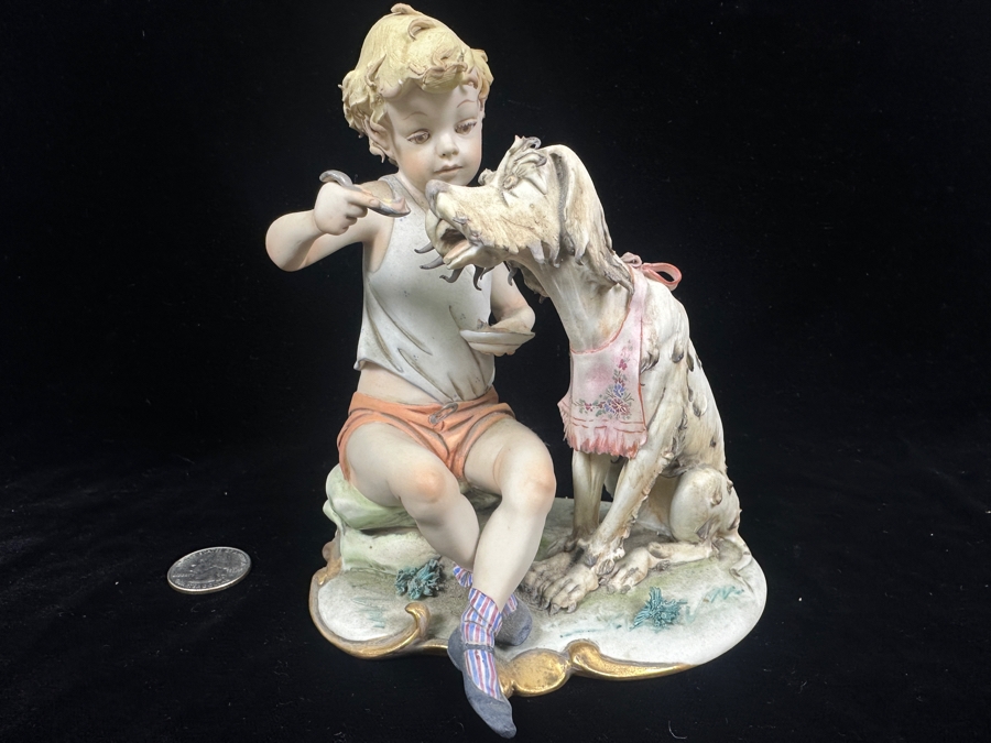 Vintage Capodimonte Porcelain Figurine Titled 'Boy Feeding A Dog' 6'H [Photo 2]