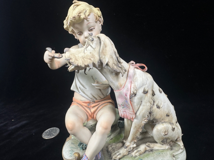 Vintage Capodimonte Porcelain Figurine Titled 'Boy Feeding A Dog' 6'H [Photo 5]