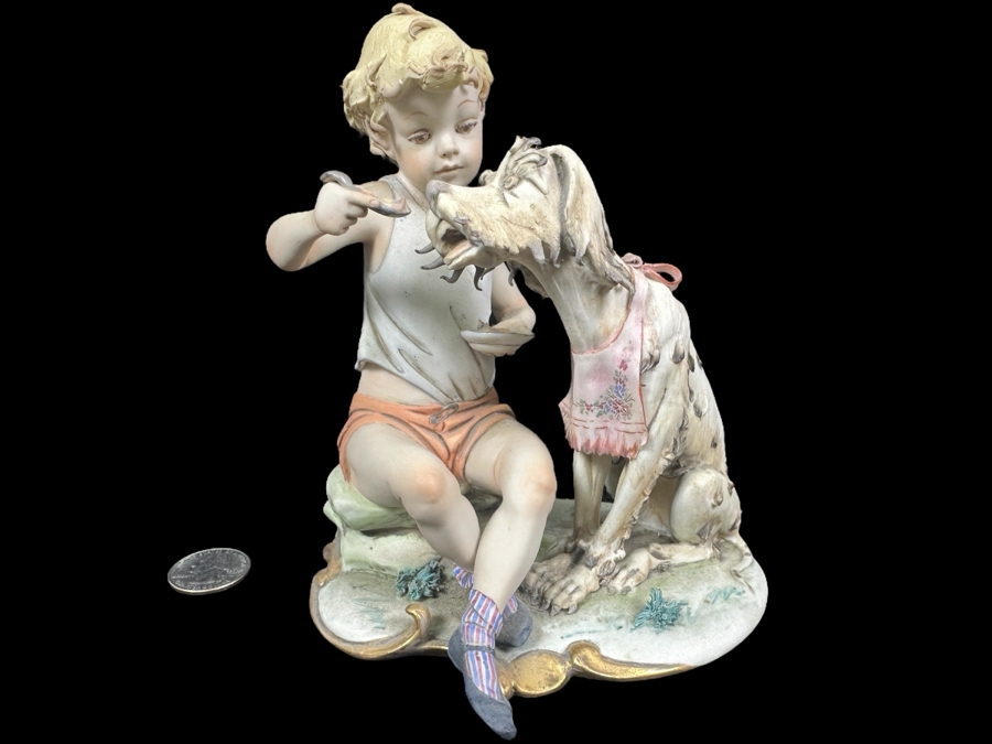 Vintage Capodimonte Porcelain Figurine Titled 'Boy Feeding A Dog' 6'H [Photo 1]