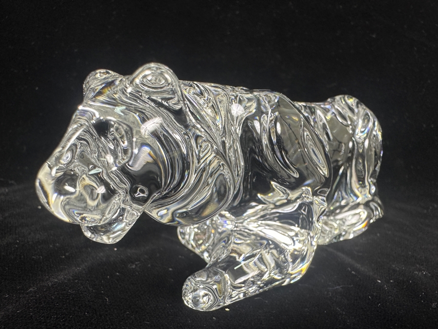 Vintage Baccarat France Crystal Crouching Tiger Figurine With Custom Wooden Stand 6L X 2H [Photo 6]