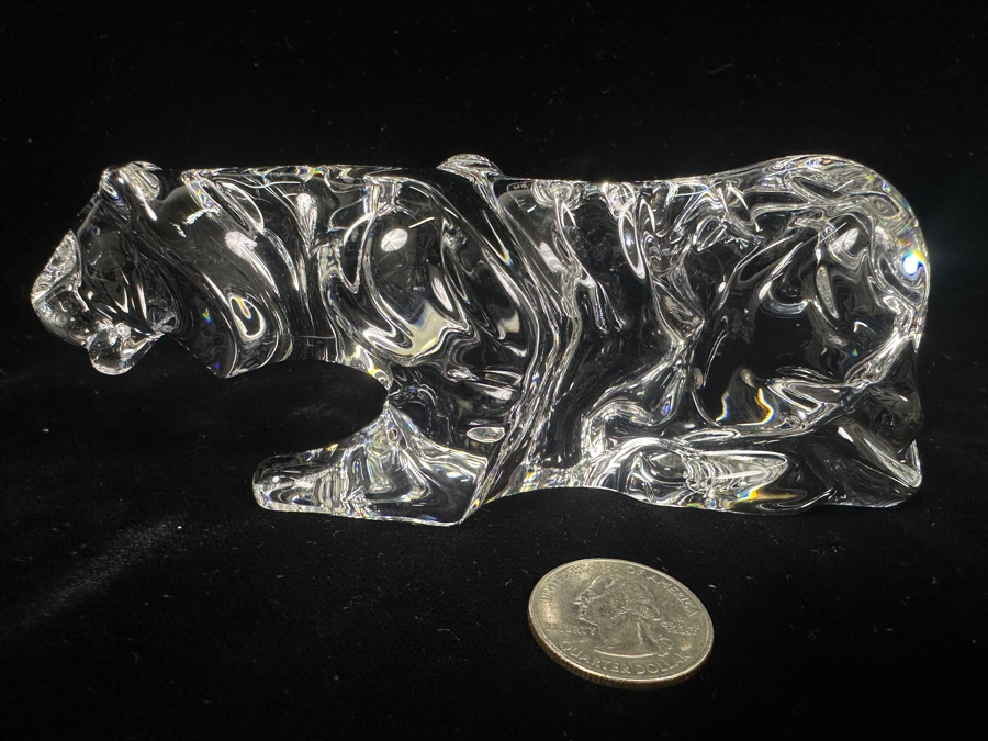 Vintage Baccarat France Crystal Crouching Tiger Figurine With Custom Wooden Stand 6L X 2H [Photo 3]