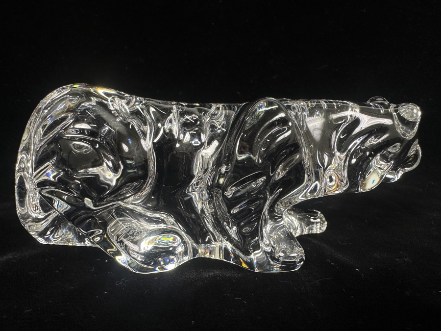 Vintage Baccarat France Crystal Crouching Tiger Figurine With Custom Wooden Stand 6L X 2H [Photo 7]