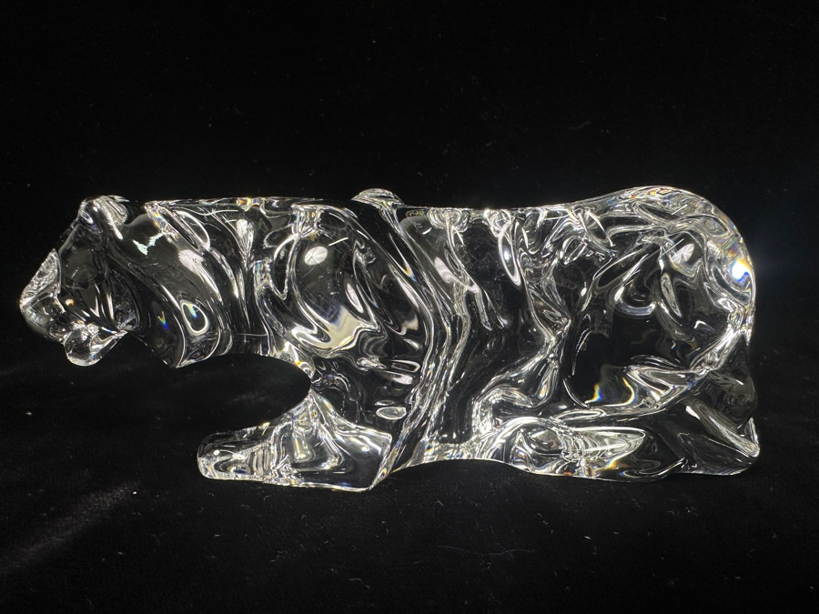 Vintage Baccarat France Crystal Crouching Tiger Figurine With Custom Wooden Stand 6L X 2H [Photo 5]