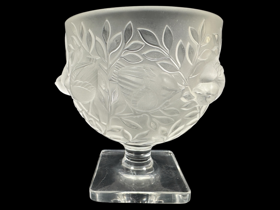 Lalique France Crystal Elisabeth Footed Vase With Birds (One Of The Birds Beak Has A Chip - See Photos) 5.25'H [Photo 1]