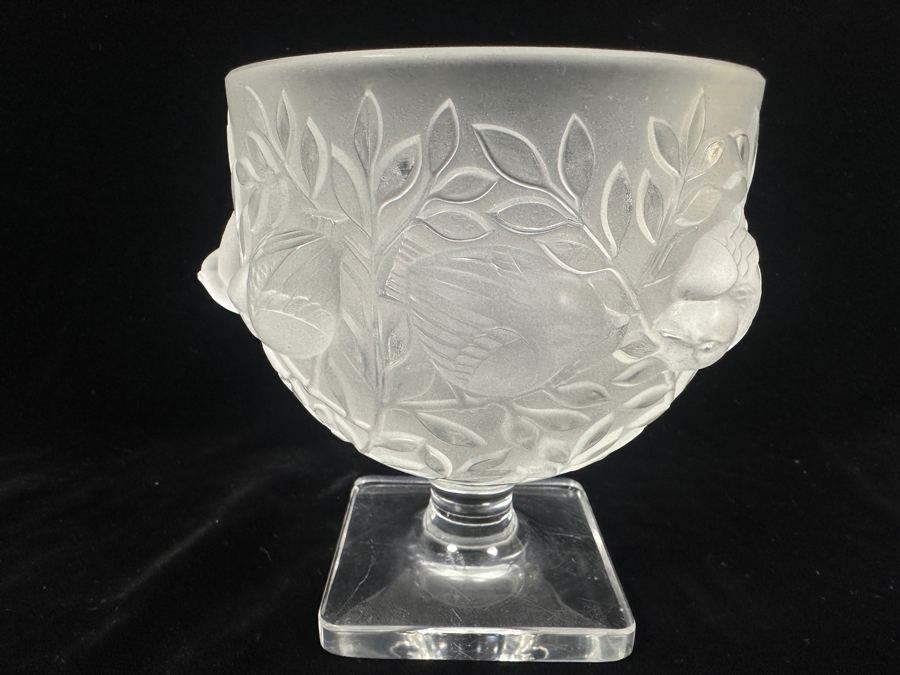 Lalique France Crystal Elisabeth Footed Vase With Birds (One Of The Birds Beak Has A Chip - See Photos) 5.25'H [Photo 3]