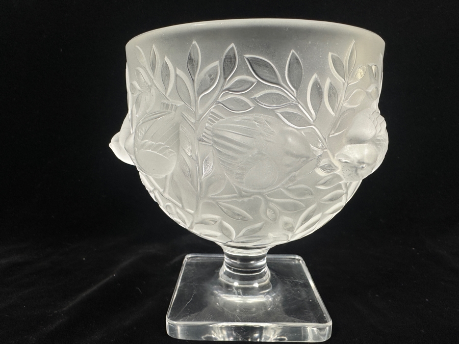 Lalique France Crystal Elisabeth Footed Vase With Birds (One Of The Birds Beak Has A Chip - See Photos) 5.25'H [Photo 4]