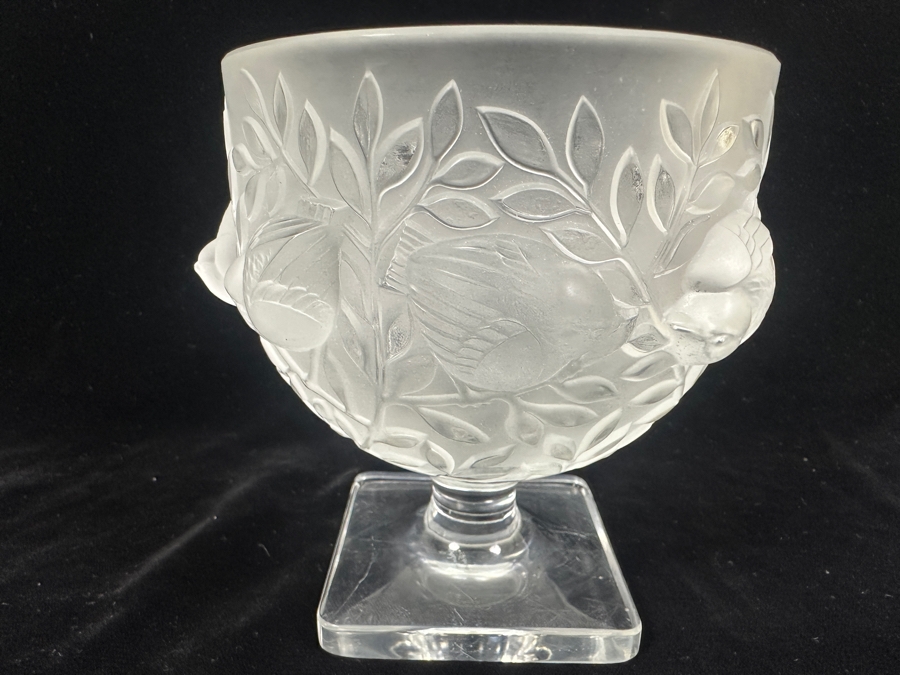 Lalique France Crystal Elisabeth Footed Vase With Birds (One Of The Birds Beak Has A Chip - See Photos) 5.25'H [Photo 2]