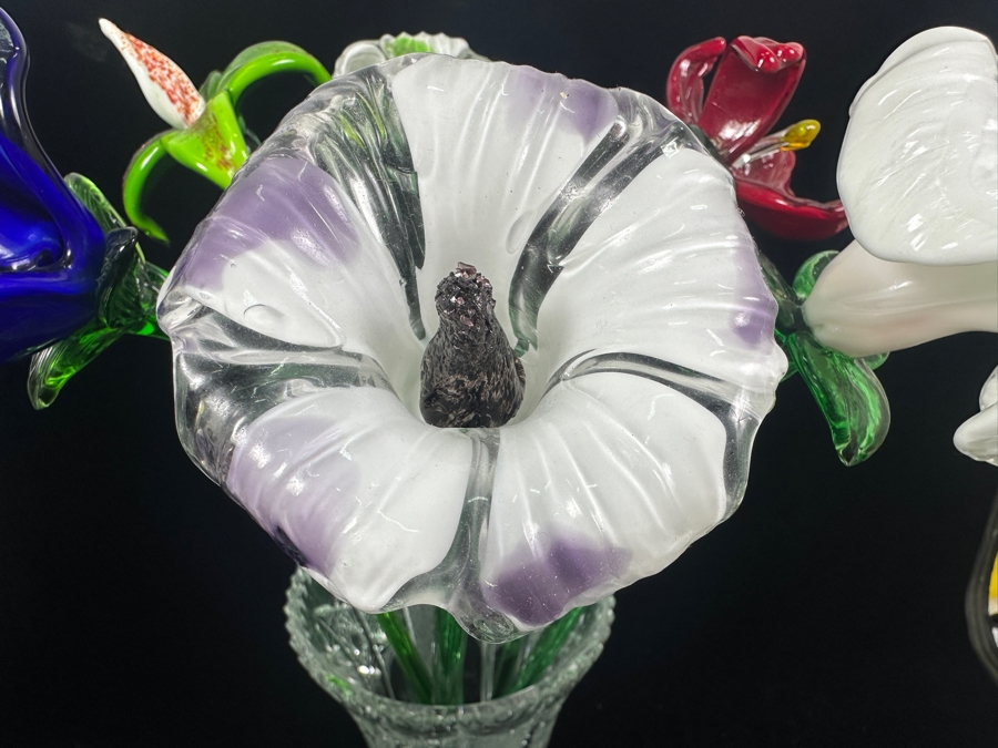 Six Blown Glass Flowers 19'H With Vase [Photo 3]