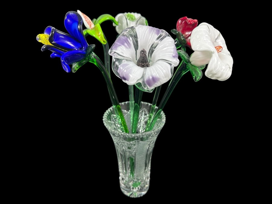 Six Blown Glass Flowers 19'H With Vase [Photo 2]