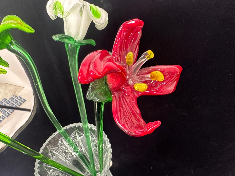 Six Blown Glass Flowers 19'H With Vase [Photo 6]
