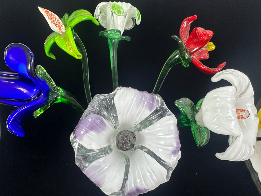 Six Blown Glass Flowers 19'H With Vase [Photo 9]
