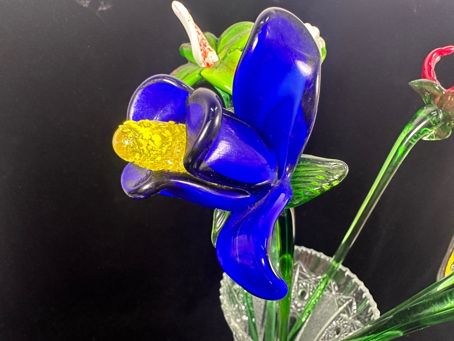 Six Blown Glass Flowers 19'H With Vase [Photo 4]