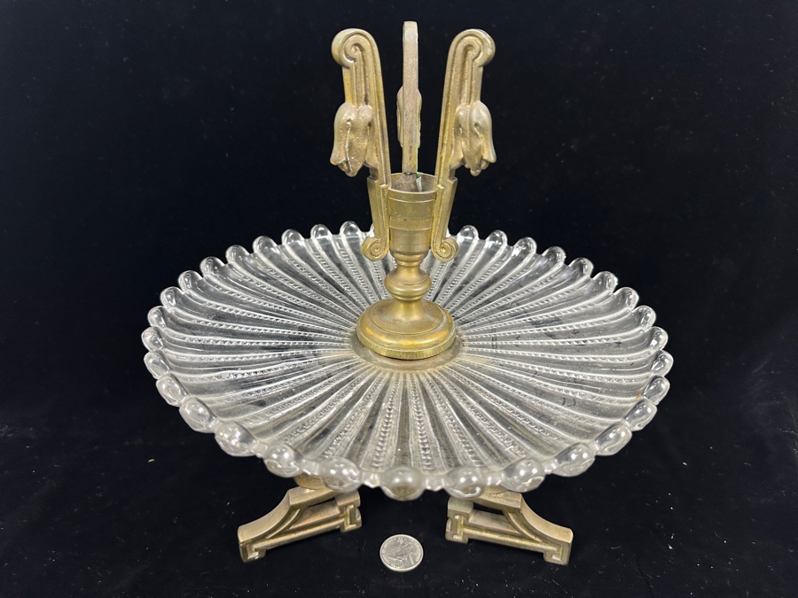 Stunning Vintage Baccarat France Art Nouveau Epergne Centerpiece - Missing Crystal Vase In Center - Signed Baccarat On Base Of Brass Foot 9.5W X 11H [Photo 4]