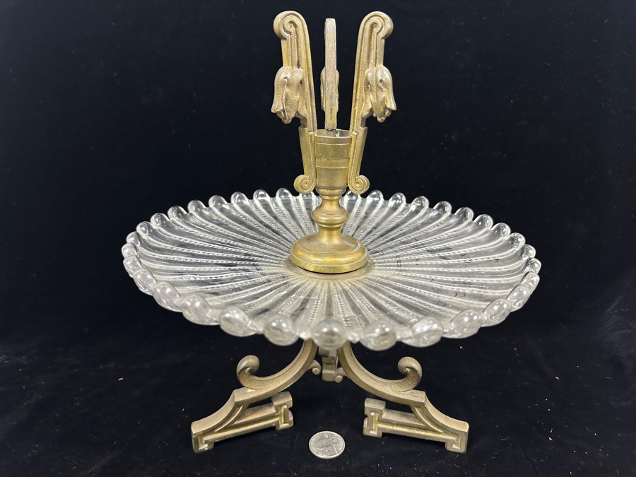 Stunning Vintage Baccarat France Art Nouveau Epergne Centerpiece - Missing Crystal Vase In Center - Signed Baccarat On Base Of Brass Foot 9.5W X 11H [Photo 3]