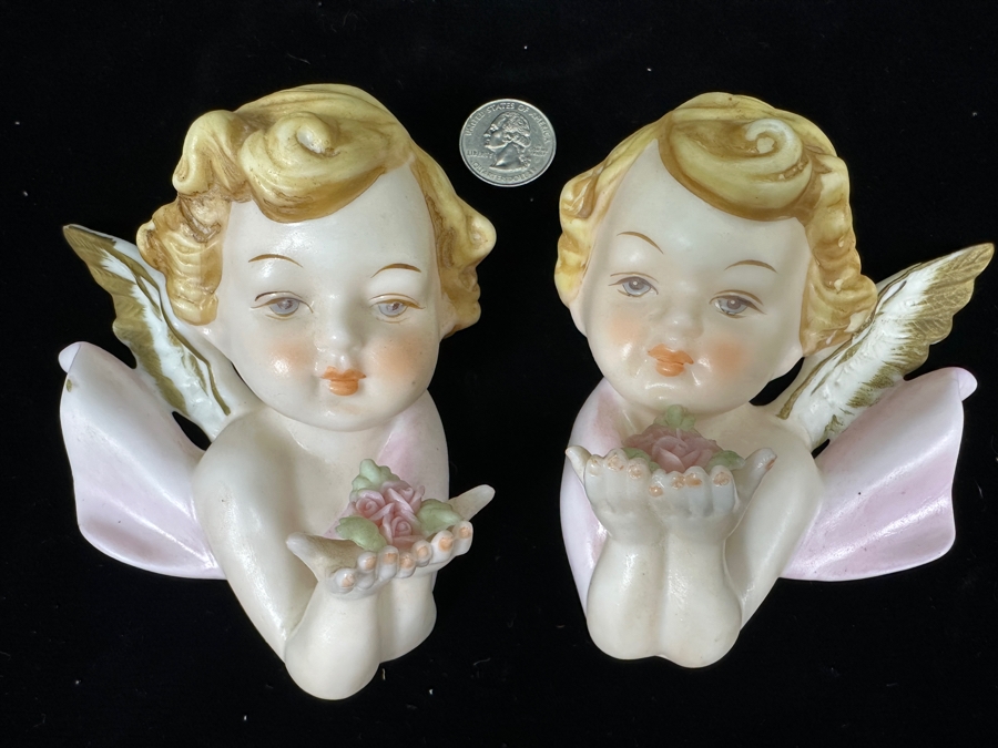 Vintage Pair Of Japanese Porcelain Cherub Wall Hangings 5'H [Photo 2]