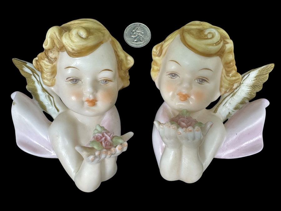 Vintage Pair Of Japanese Porcelain Cherub Wall Hangings 5'H [Photo 1]