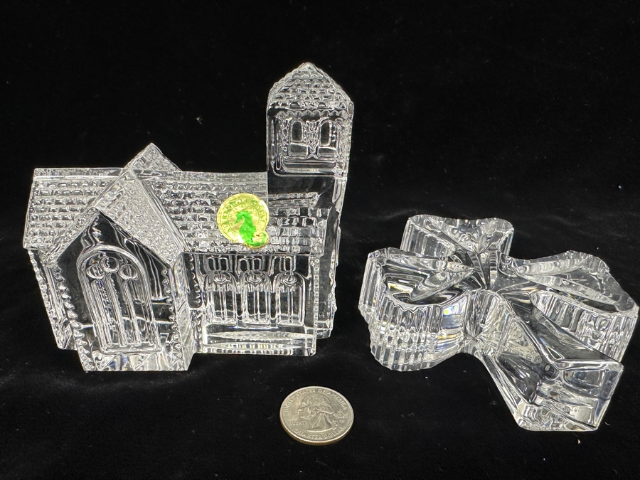 Wateford Crystal Lismore Village Church Figurine And Waterford 3 Leaf Clover Shamrock Paperweight [Photo 2]