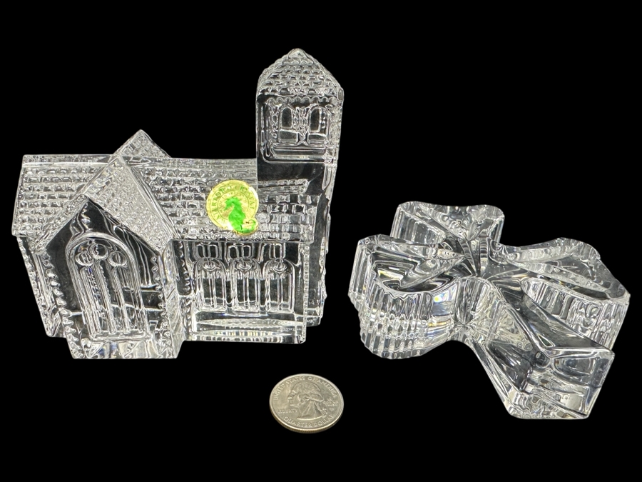 Wateford Crystal Lismore Village Church Figurine And Waterford 3 Leaf Clover Shamrock Paperweight [Photo 1]