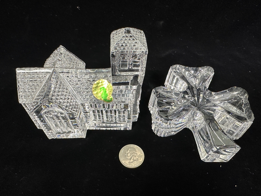 Wateford Crystal Lismore Village Church Figurine And Waterford 3 Leaf Clover Shamrock Paperweight [Photo 3]