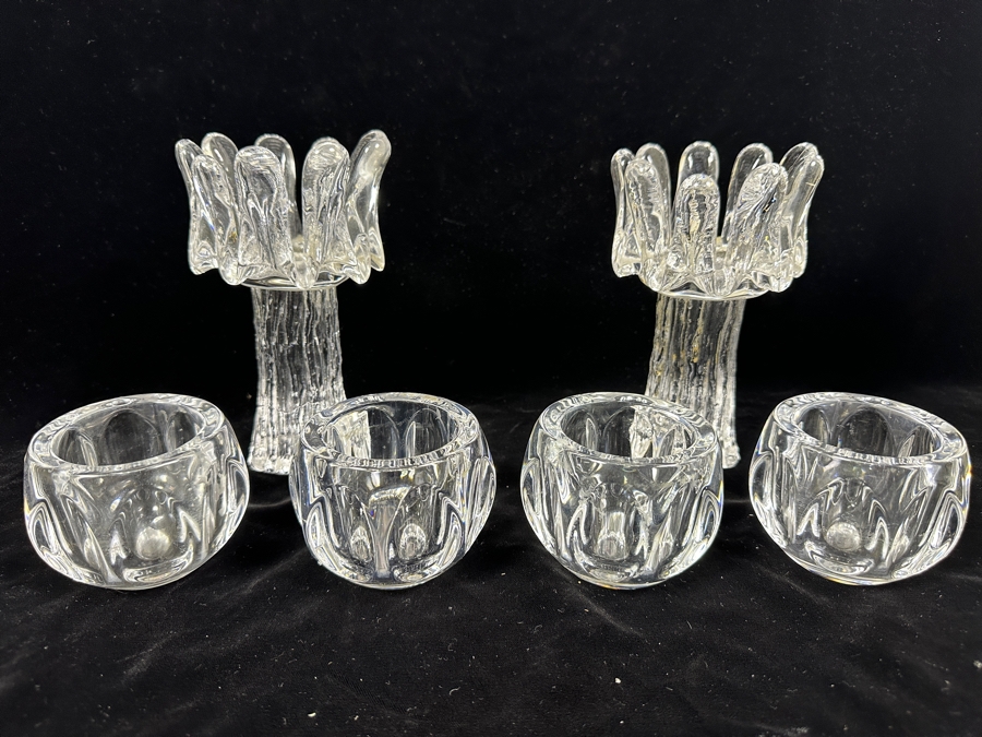 Pair Of Kosta Boda Swedish Crystal Sunflower 7' Candle Votive By Goran Warff And Four Dansk Crystal Candle Votives 2.75'H [Photo 2]