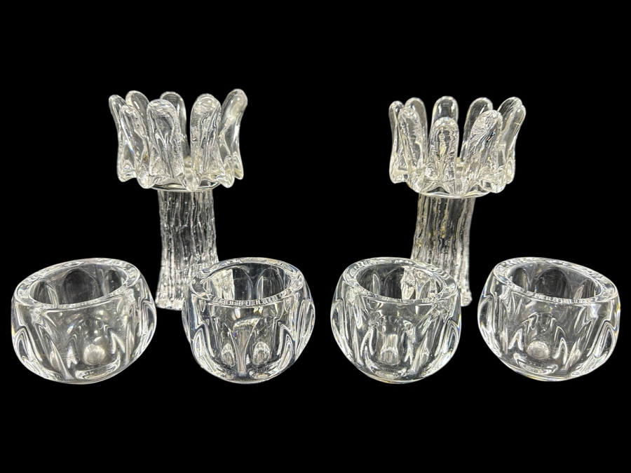 Pair Of Kosta Boda Swedish Crystal Sunflower 7' Candle Votive By Goran Warff And Four Dansk Crystal Candle Votives 2.75'H [Photo 1]