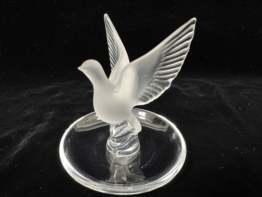 Lalique France Crystal Dove On A Circular Trinket Ring Dish 3.75'W [Photo 3]