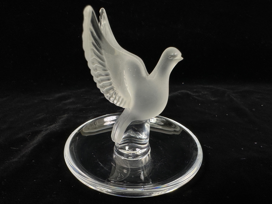Lalique France Crystal Dove On A Circular Trinket Ring Dish 3.75'W [Photo 6]