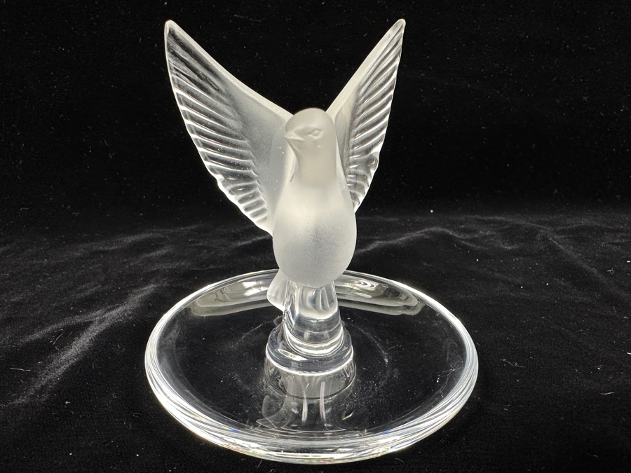 Lalique France Crystal Dove On A Circular Trinket Ring Dish 3.75'W [Photo 5]