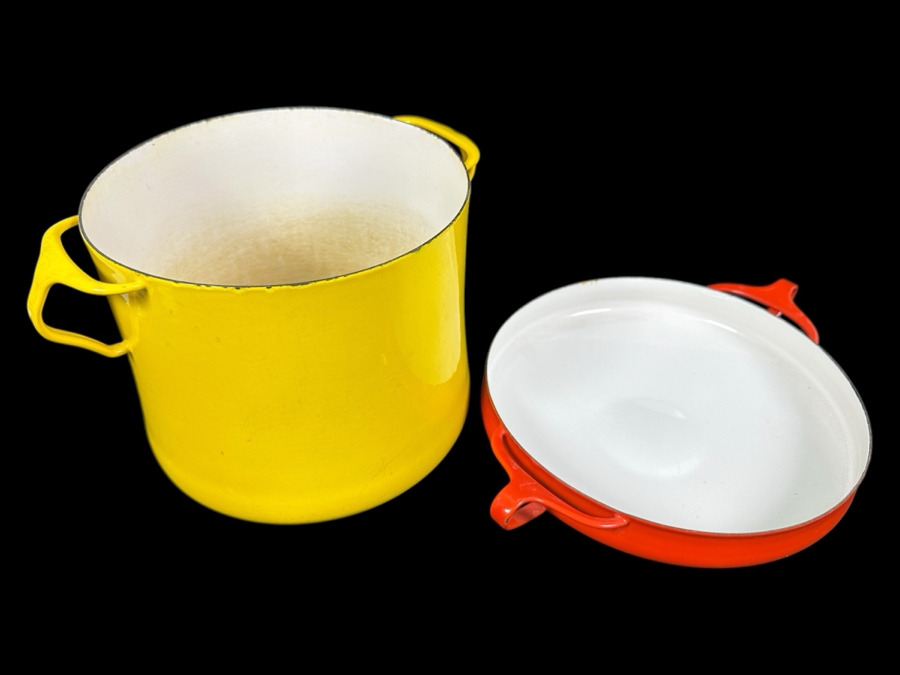 Pair Of Dansk Designs Denmark Kobenstyle Enameled Steel Pots Designed By Jens Quistgaard - Yellow Pot Is 11.5W X 7.75H / Red Pot Is 13.5W [Photo 1]