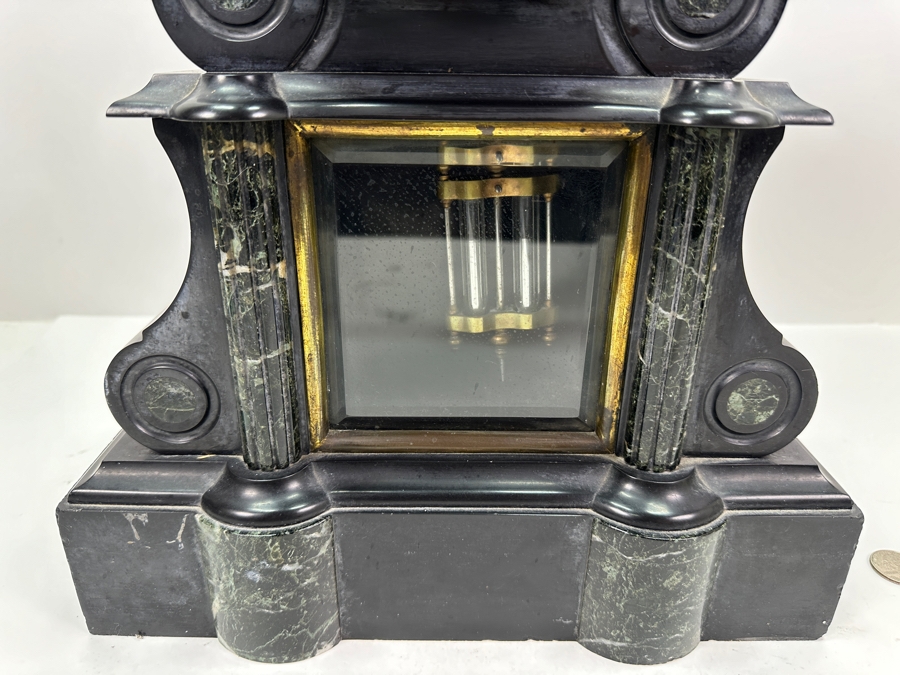 Vintage French Slate And Marble Mantle Clock With Mercury Pendulum - Heavy - Needs Servicing 12.25W X 5D X 15H [Photo 4]