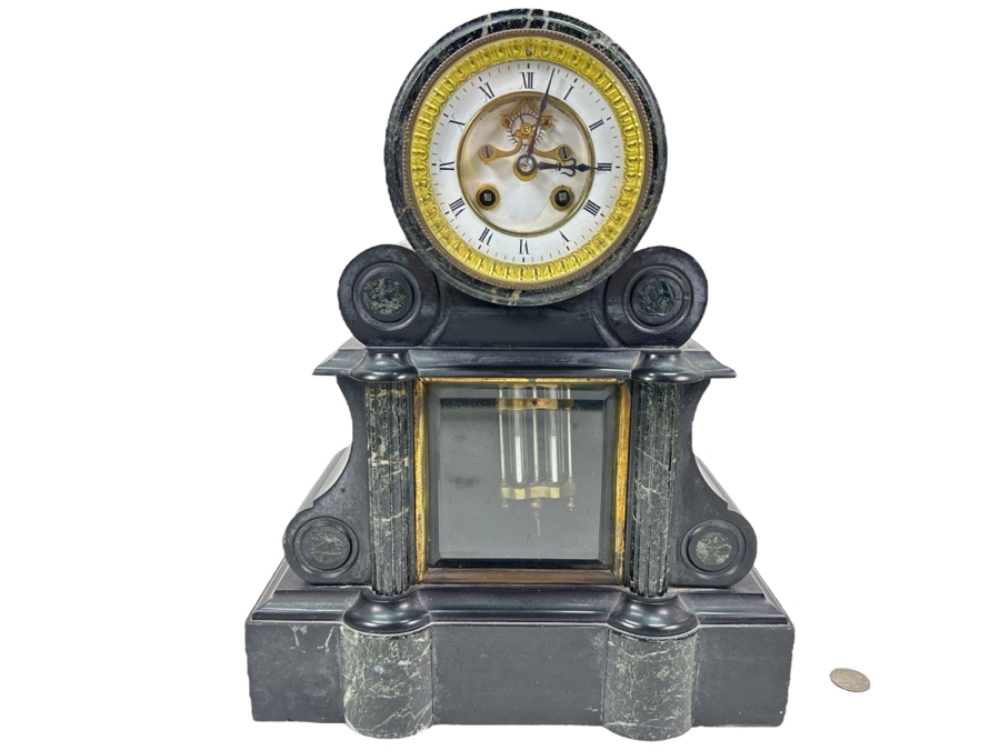 Vintage French Slate And Marble Mantle Clock With Mercury Pendulum - Heavy - Needs Servicing 12.25W X 5D X 15H [Photo 1]