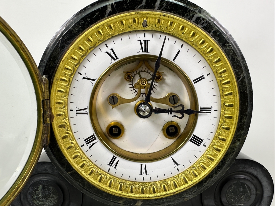 Vintage French Slate And Marble Mantle Clock With Mercury Pendulum - Heavy - Needs Servicing 12.25W X 5D X 15H [Photo 3]