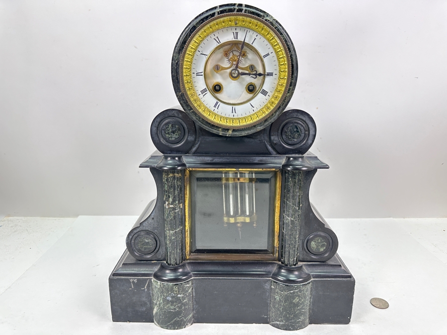 Vintage French Slate And Marble Mantle Clock With Mercury Pendulum - Heavy - Needs Servicing 12.25W X 5D X 15H [Photo 2]