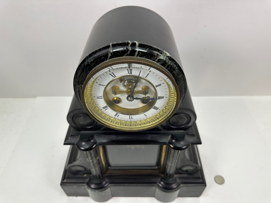 Vintage French Slate And Marble Mantle Clock With Mercury Pendulum - Heavy - Needs Servicing 12.25W X 5D X 15H [Photo 5]