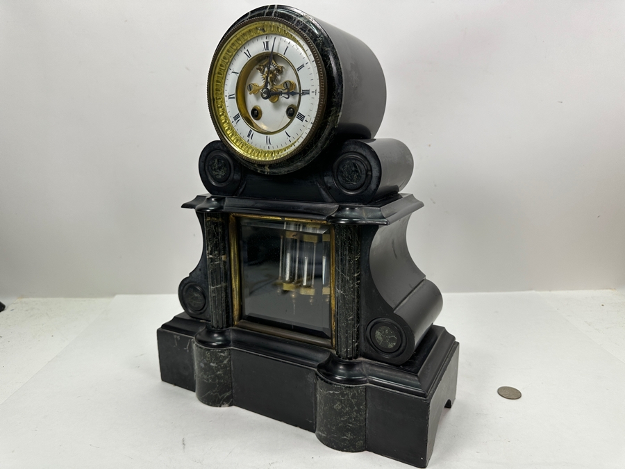 Vintage French Slate And Marble Mantle Clock With Mercury Pendulum - Heavy - Needs Servicing 12.25W X 5D X 15H [Photo 6]