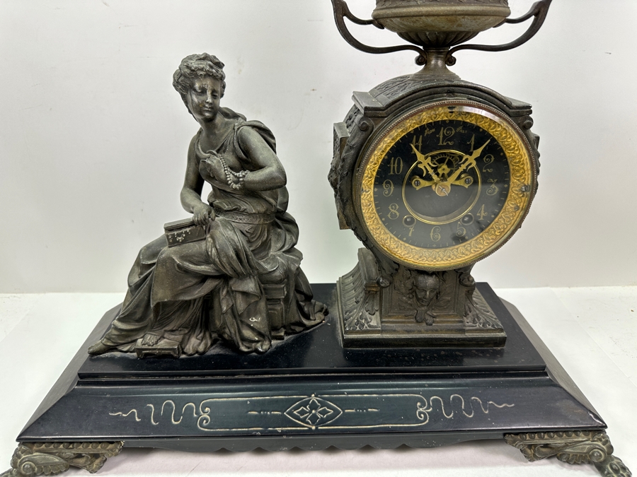 Antique Figural Mantel Clock By The Ansonia Clock Company With Bronze Finish Cast Metal Case - Needs Servicing - 20W X 8D X 14.5H [Photo 4]