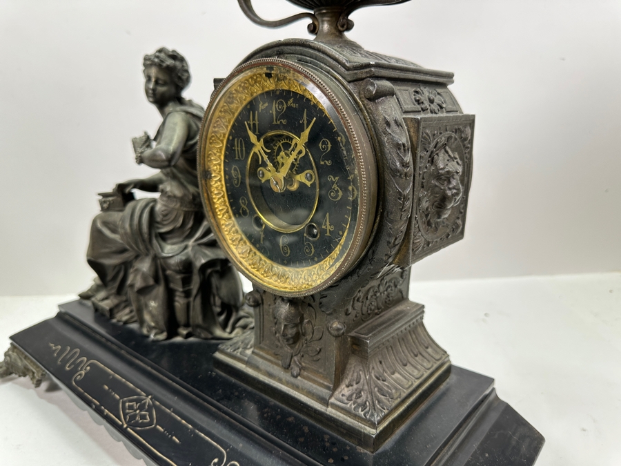 Antique Figural Mantel Clock By The Ansonia Clock Company With Bronze Finish Cast Metal Case - Needs Servicing - 20W X 8D X 14.5H [Photo 9]