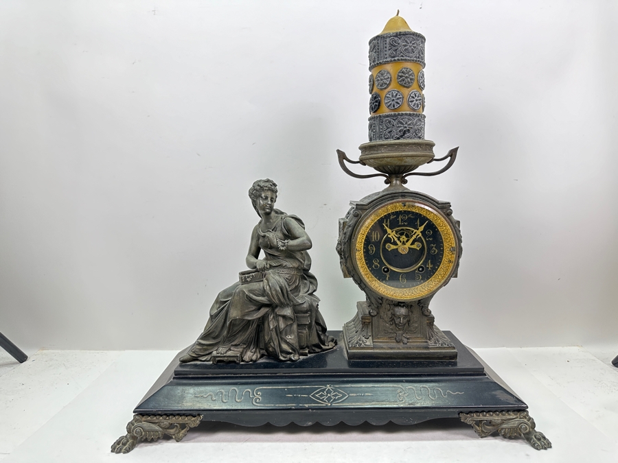 Antique Figural Mantel Clock By The Ansonia Clock Company With Bronze Finish Cast Metal Case - Needs Servicing - 20W X 8D X 14.5H [Photo 3]
