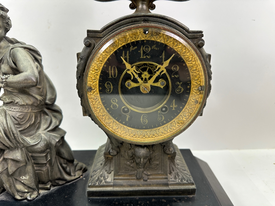 Antique Figural Mantel Clock By The Ansonia Clock Company With Bronze Finish Cast Metal Case - Needs Servicing - 20W X 8D X 14.5H [Photo 6]