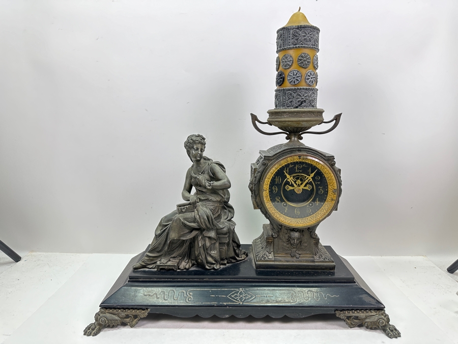 Antique Figural Mantel Clock By The Ansonia Clock Company With Bronze Finish Cast Metal Case - Needs Servicing - 20W X 8D X 14.5H [Photo 2]