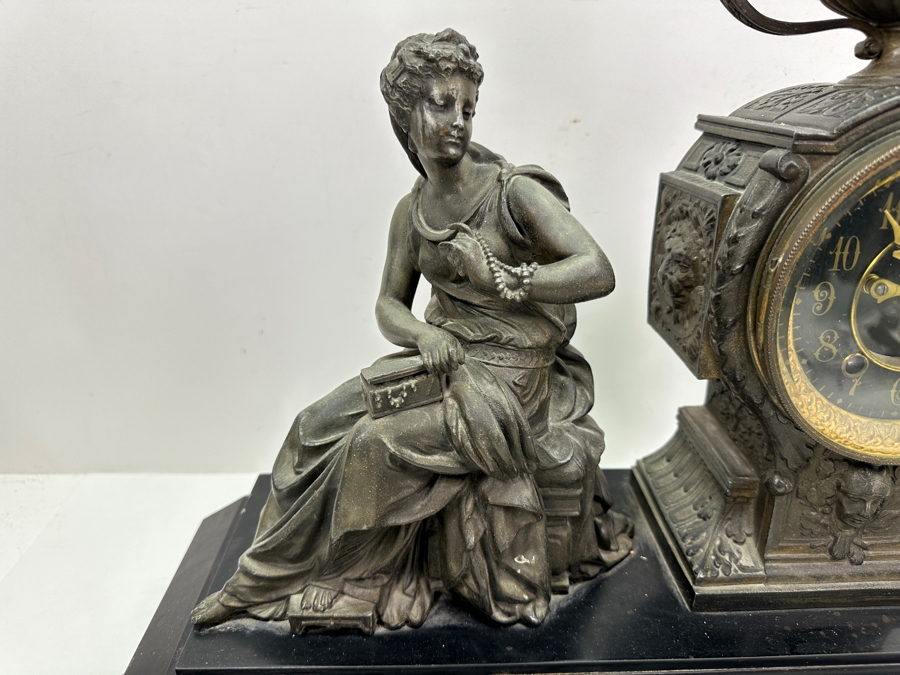 Antique Figural Mantel Clock By The Ansonia Clock Company With Bronze Finish Cast Metal Case - Needs Servicing - 20W X 8D X 14.5H [Photo 5]