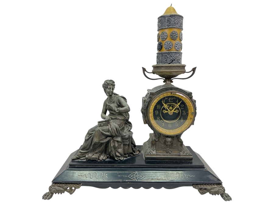 Antique Figural Mantel Clock By The Ansonia Clock Company With Bronze Finish Cast Metal Case - Needs Servicing - 20W X 8D X 14.5H [Photo 1]