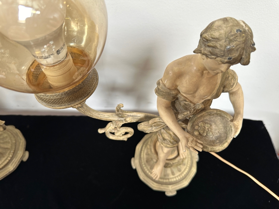 Vintage Pair Of French Painted Cast Metal Table Lamps 21H [Photo 11]