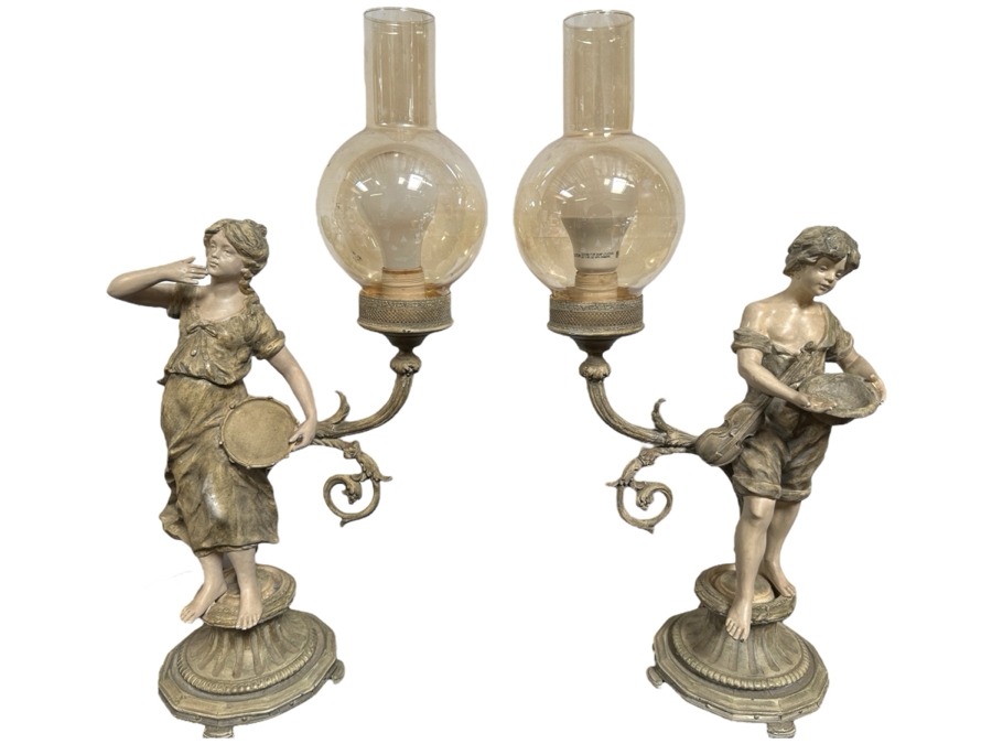 Vintage Pair Of French Painted Cast Metal Table Lamps 21H [Photo 1]