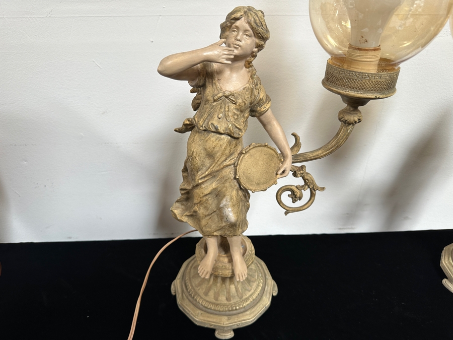 Vintage Pair Of French Painted Cast Metal Table Lamps 21H [Photo 7]