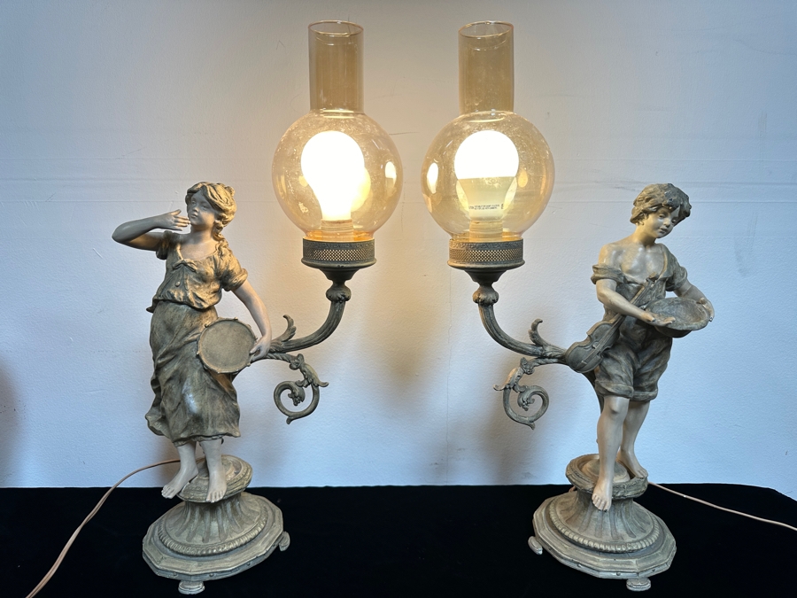 Vintage Pair Of French Painted Cast Metal Table Lamps 21H [Photo 3]