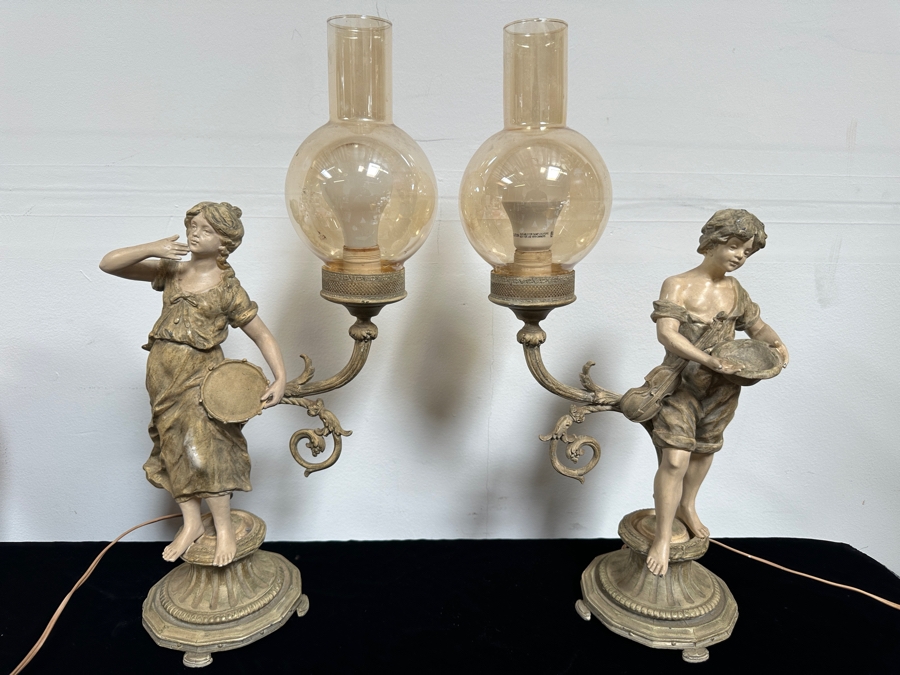 Vintage Pair Of French Painted Cast Metal Table Lamps 21H [Photo 2]