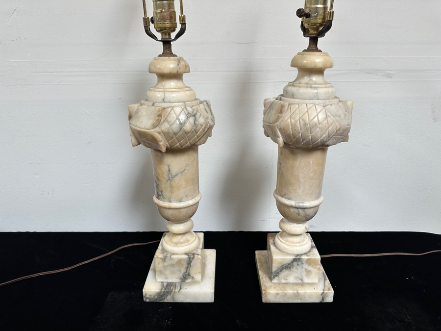 Pair Of Vintage Carved Alabaster Table Lamps - One Lamps Needs Rewiring 29.5'H [Photo 2]
